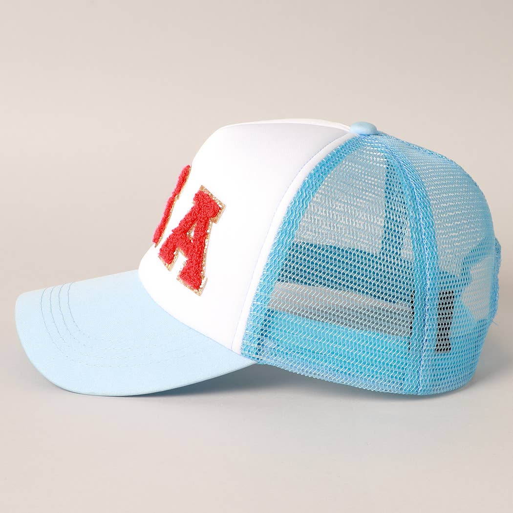 Fashion City - USA Chenille Patched Trucker Hat: LIGHT BLUE / ONE SIZE