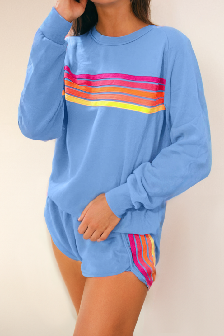 LA Society - Color Contrast Trim Long Sleeve Top and Shorts Set: Blue / Missy / L