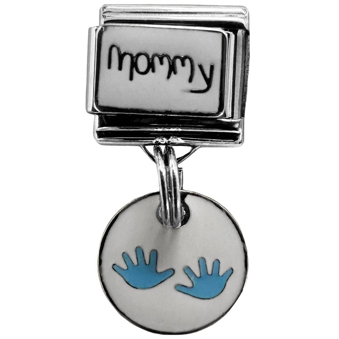 Natalia - Italian Bracelet Dangle Charm - Blue Handprint Mommy Dangle 9mm Links