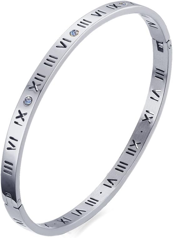 Bracelet - Roman numeral and cubic zirconia hinged bracelet,Silver