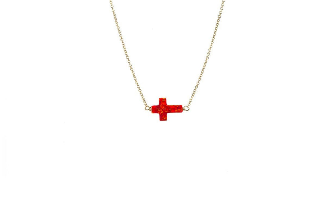 bara boheme - "CROSS" Opal Necklace - Small: Bubble gum / 14KG FILLED