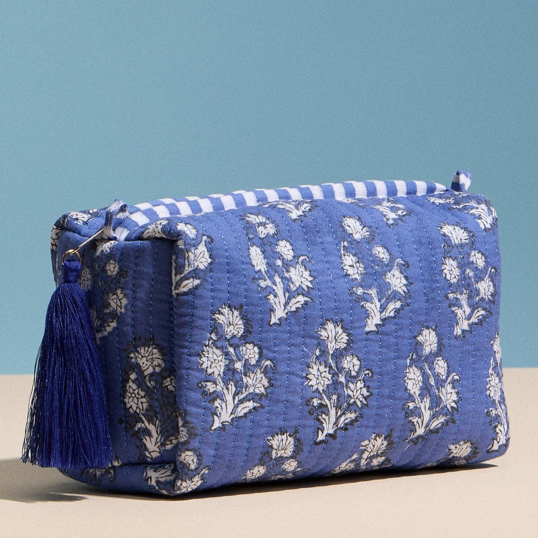 Frem - Blue Quilted Floral Cosmetic Pouch | Zipper Makeup Bag with Tassel: BL / ONE
