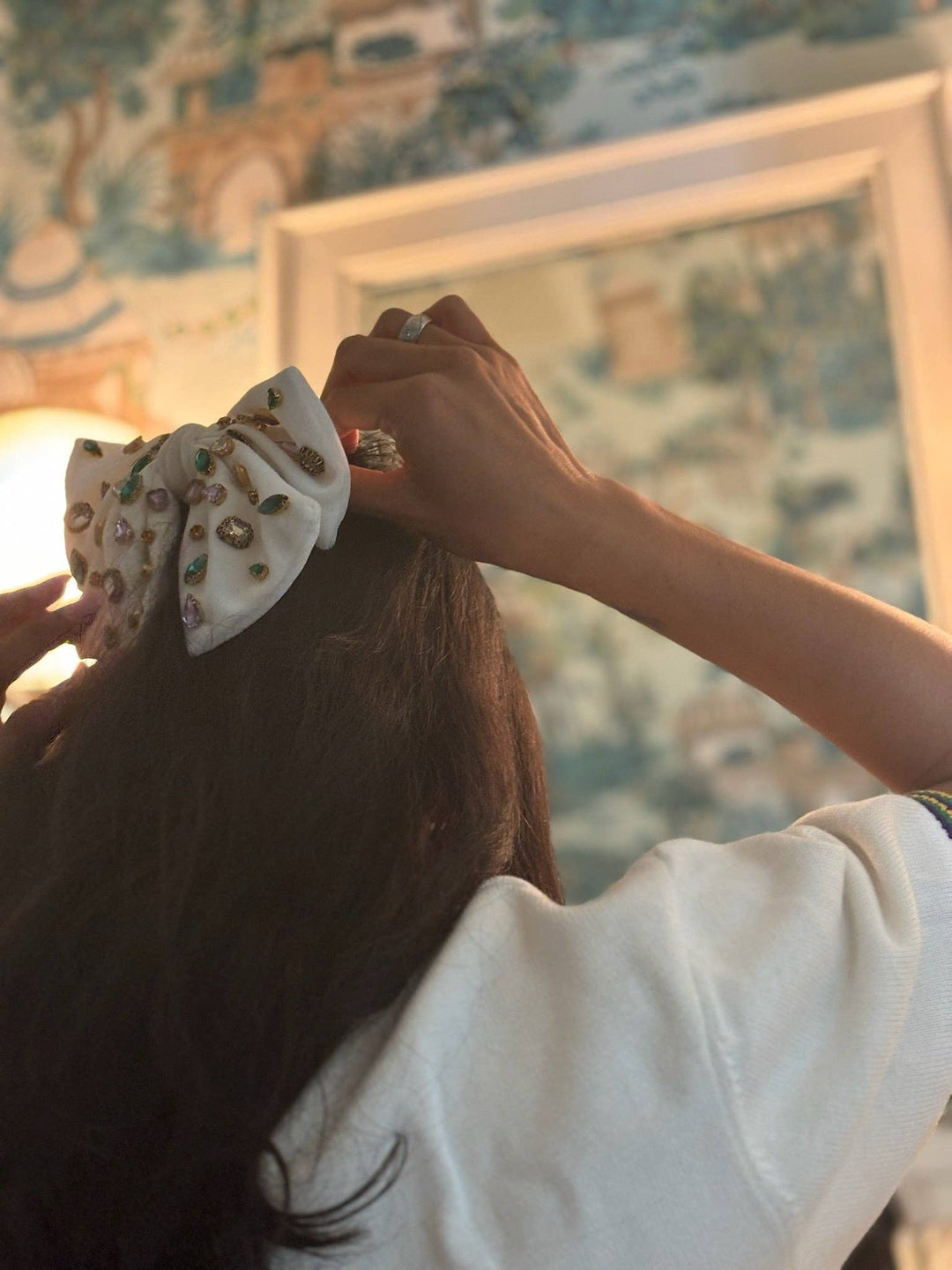 Mardi Gras Creations - Bejeweled Velvet Bow - White