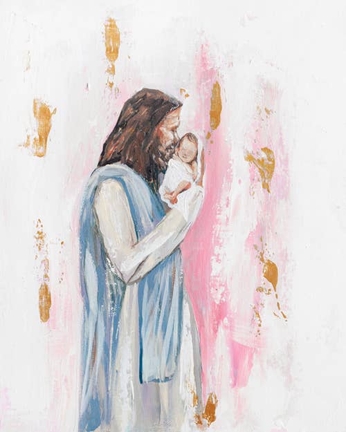 Mackenzie Kissell Art - Jesus and Baby 'I Knew You' in Acrylic Gold Frame 4x6: Pink/Blue Mixed