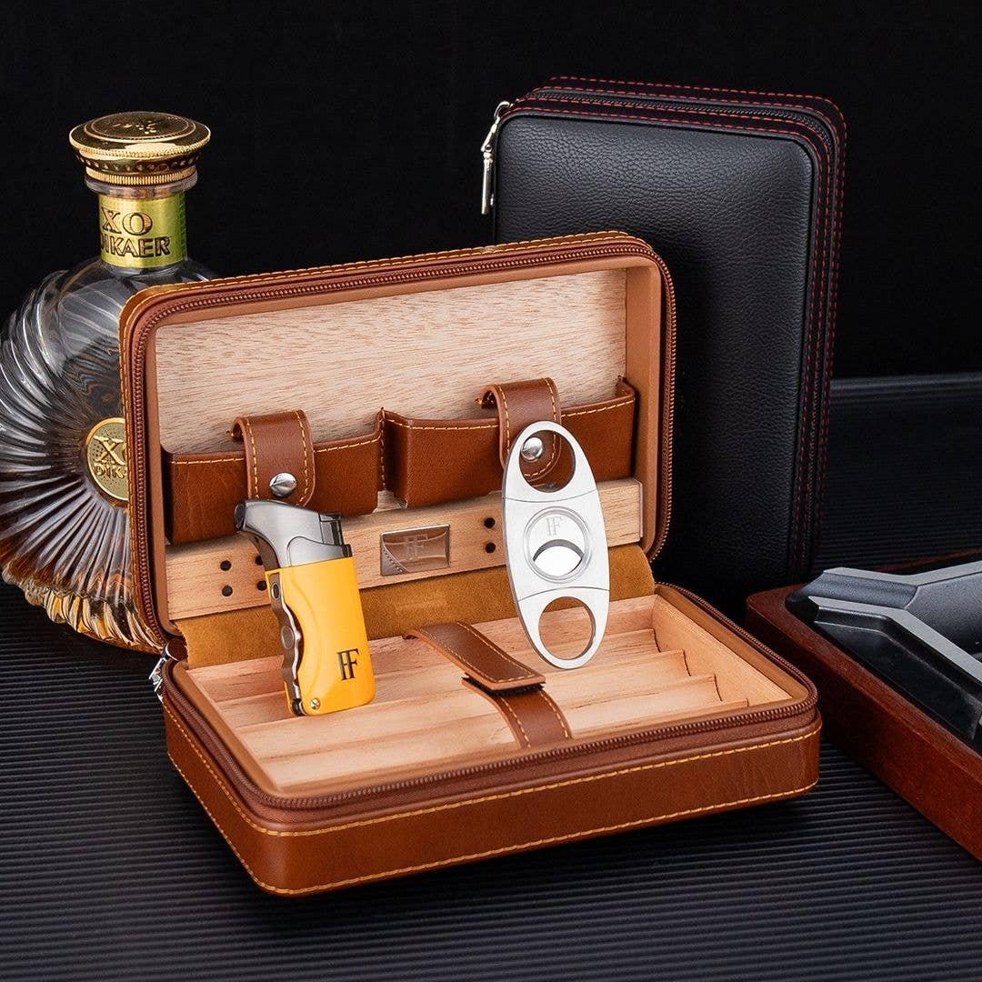 Fluid And Fire - Dominus 4-Slot Leather Travel Case – Torch, Cutter & Humidity Chamber: Maroon Case + Yellow Torch + Cutter