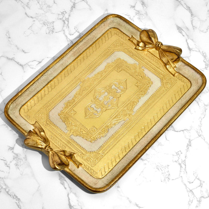 Florentine Carved Rectangle Bow Tray, Made in Italy: White