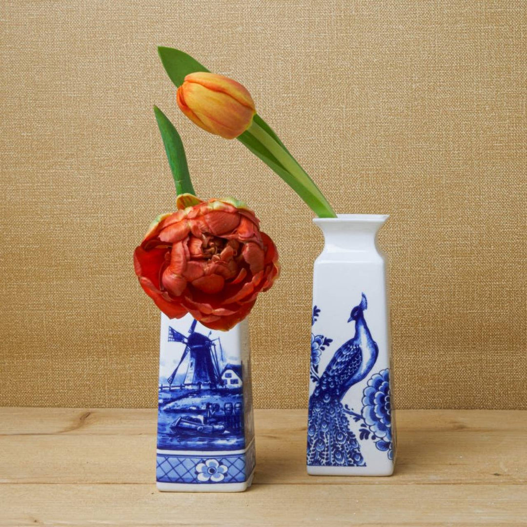 Heinen Delfts Blauw - Small square flower and peacock vase