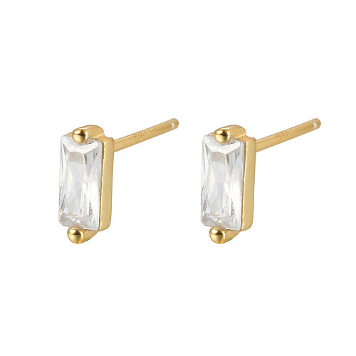 Cubic Zirconia Rectangle Stud Earrings, Golden 925 Sterling Silver Post Earrings, with 925 Stamp 7.8x3mm