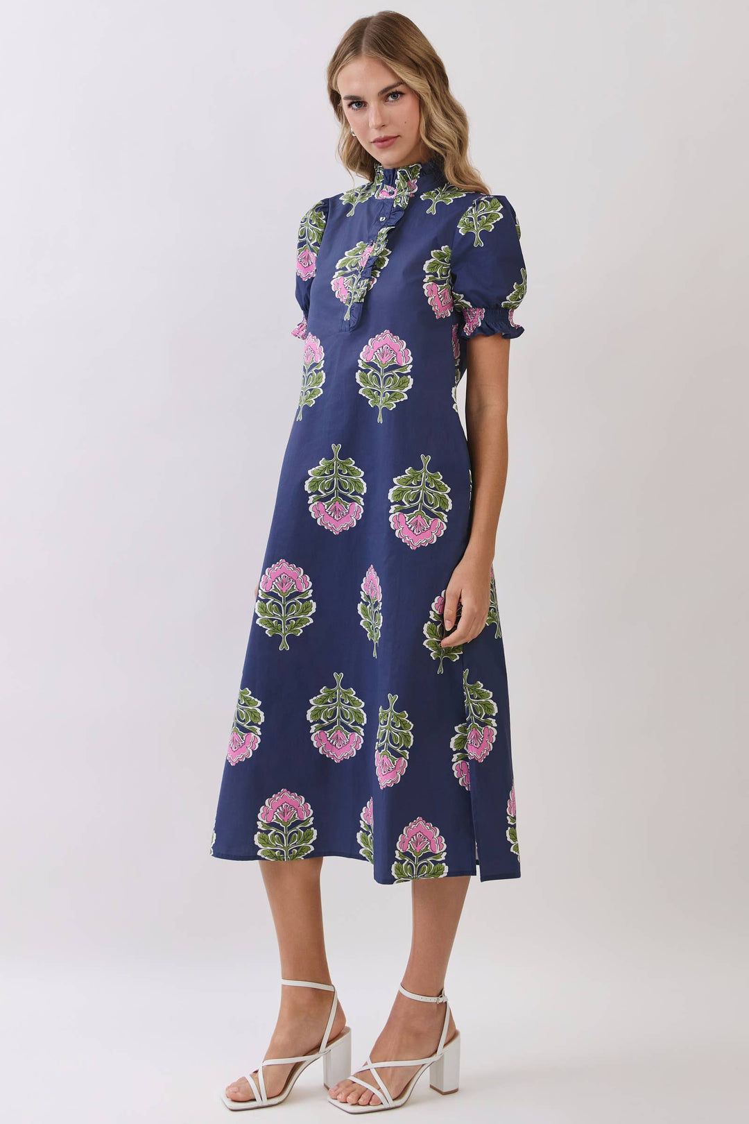 TCEC - CD06970-Floral Print Ruffle Collar Button Down Midi Dress: Green / S