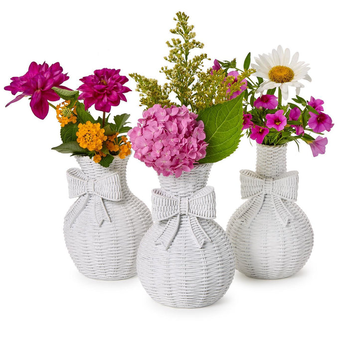 Bowed Beauties Basket Weave Pattern White Vases