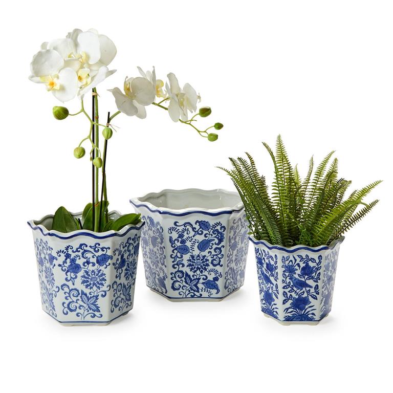 Hand-Painted Blue and White Floral Planters