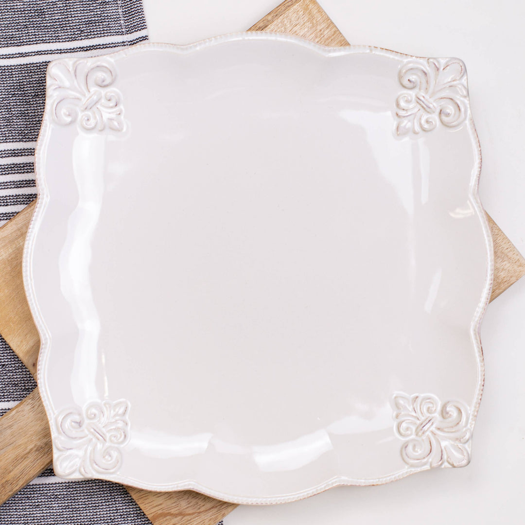 The Royal Standard - Embossed Fleur de Lis Square Platter   Antique White   10x10.25
