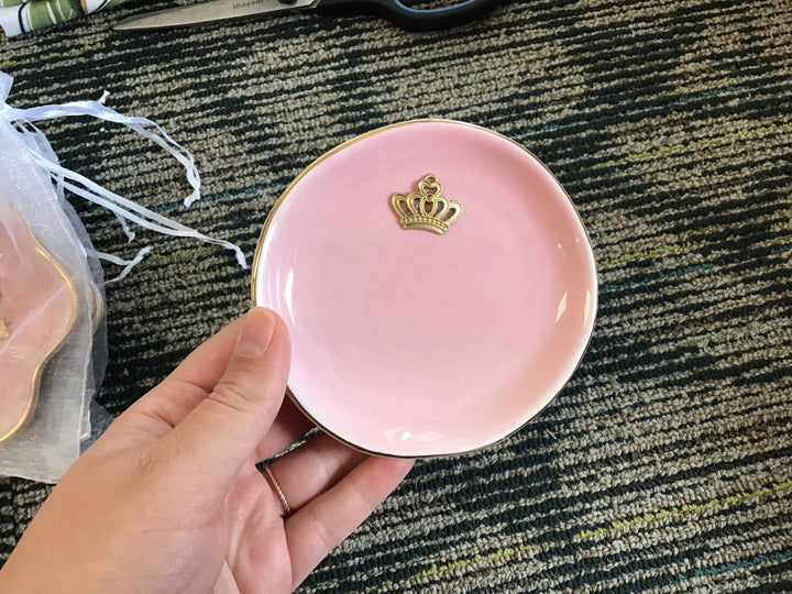 Michelle Allen Designs - Gold accent jewelry dish: Pink / Round / Crown