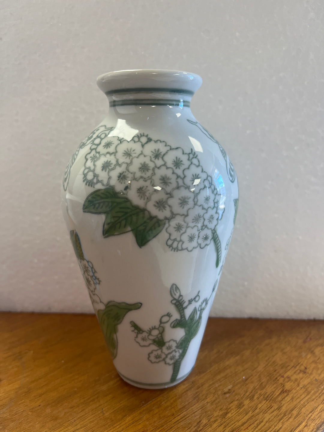 Primrose and Lotus Hand-Painted Mini Green and White Chinoiserie Vases