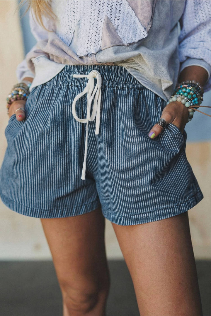 Stripe Drawstring Elastic Waist Casual Denim Shorts|S-4X: Sky Blue Stripe / M