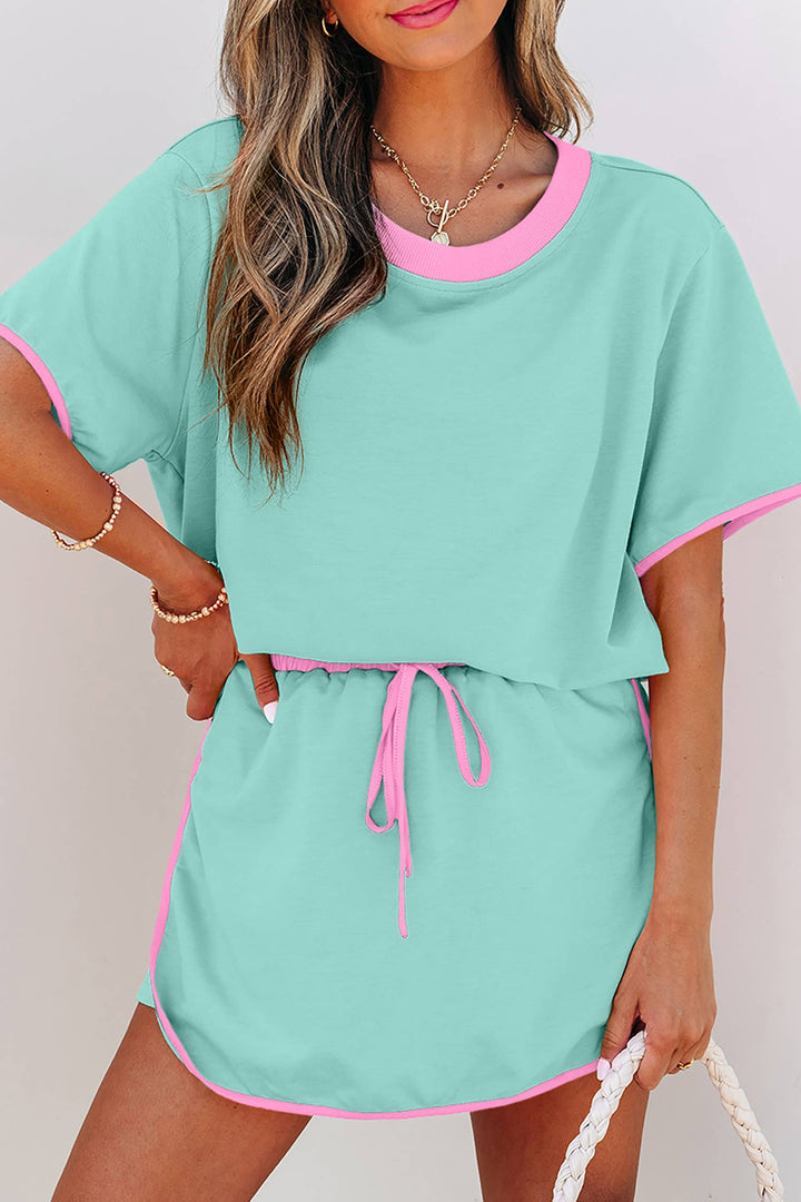 Colorblock Edge Drop Shoulder T Shirt and Skirt 2Pcs Set: Black / S