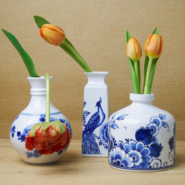 Heinen Delfts Blauw - Small square flower and peacock vase