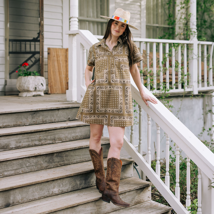 Sunshine Tienda - Olive Bandana Getaway Mini Dress: S