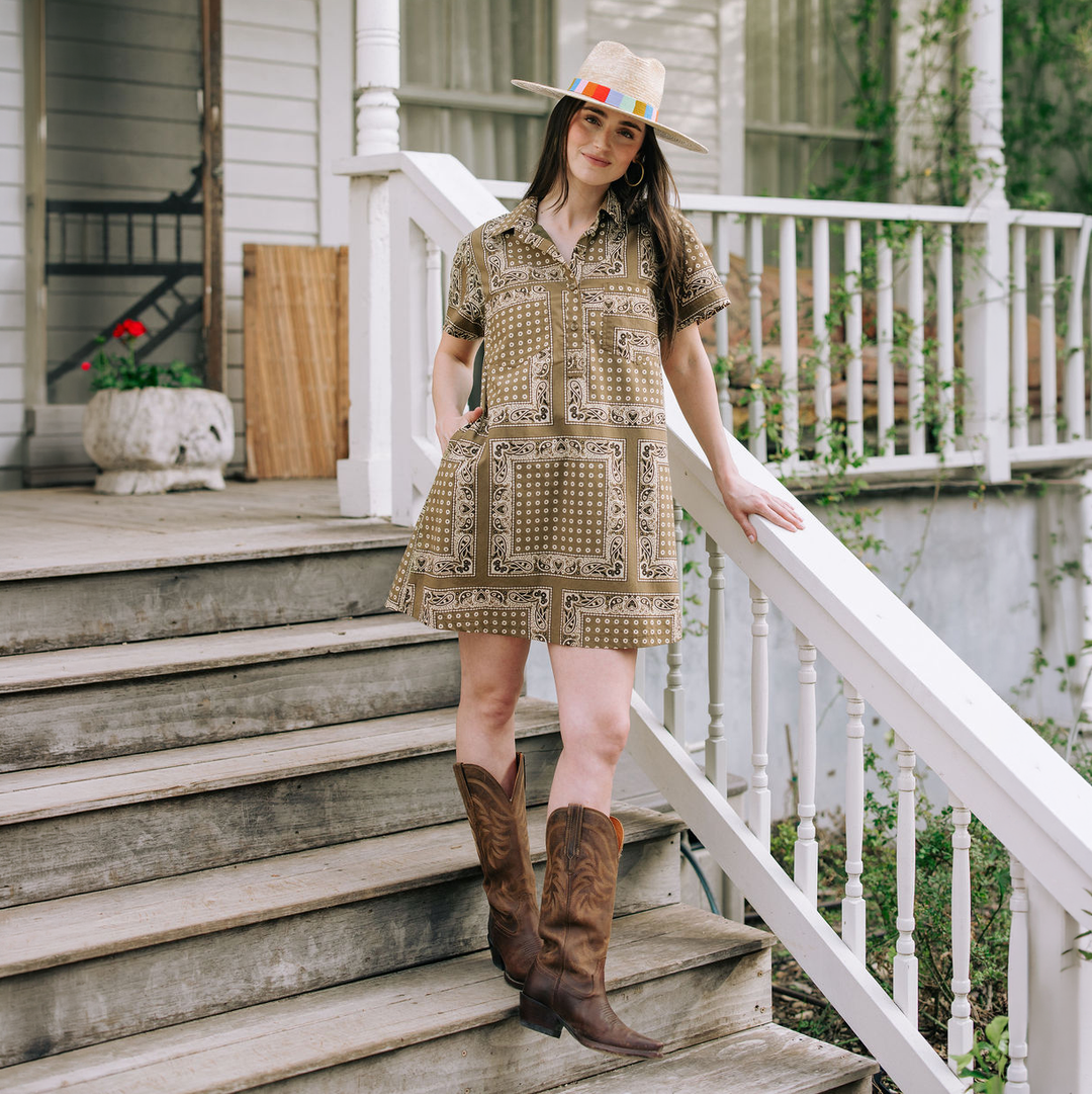 Sunshine Tienda - Olive Bandana Getaway Mini Dress: M