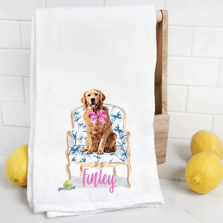 The Preppy Pineapple Home - Custom Golden Retriever 3 Flour Sack Towel, Tea Towel, Dog M: No Accessory / Chinoiserie Chair