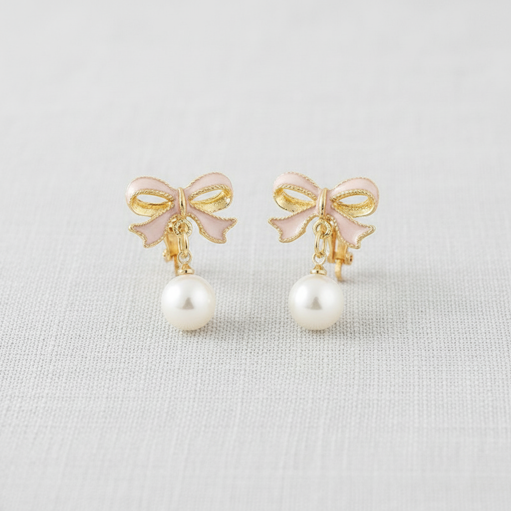 paperln - Pink Bow Pearl Clip-On Earrings
