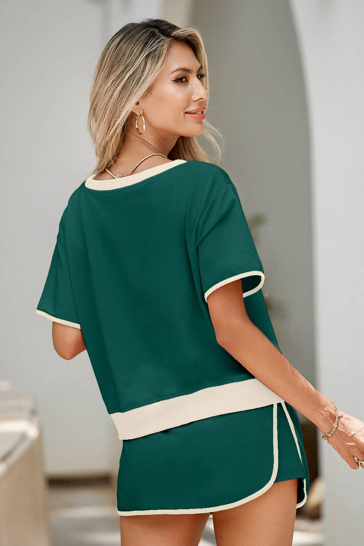 Colorblock Edge Drop Shoulder T Shirt and Skirt 2Pcs Set: Black / L