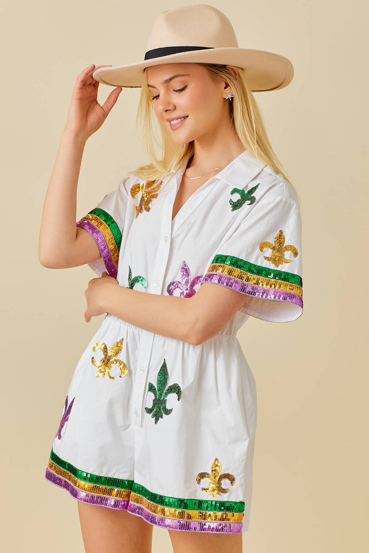 Main Strip - Mardi Gras Sequin Trim Solid Romper: WHITE / M