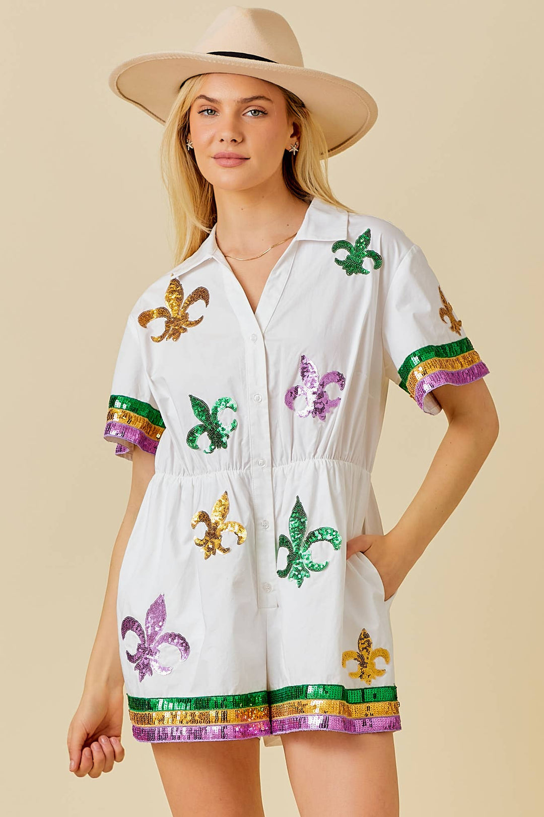 Main Strip - Mardi Gras Sequin Trim Solid Romper: WHITE / M