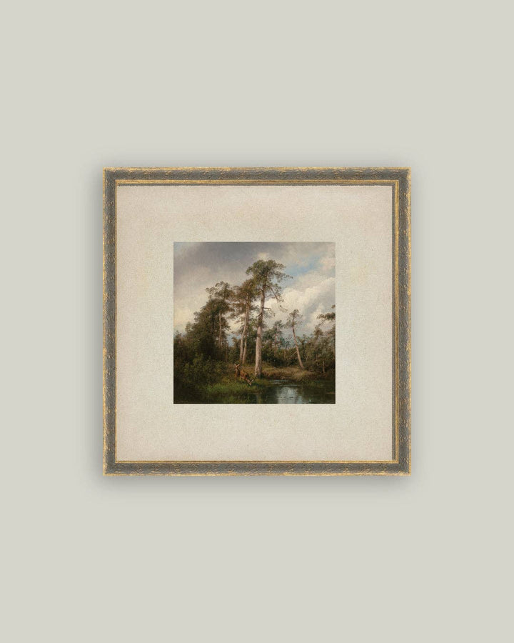 Petal Lane Home - Live Oaks with Deer Framed Antique Art: 6x6