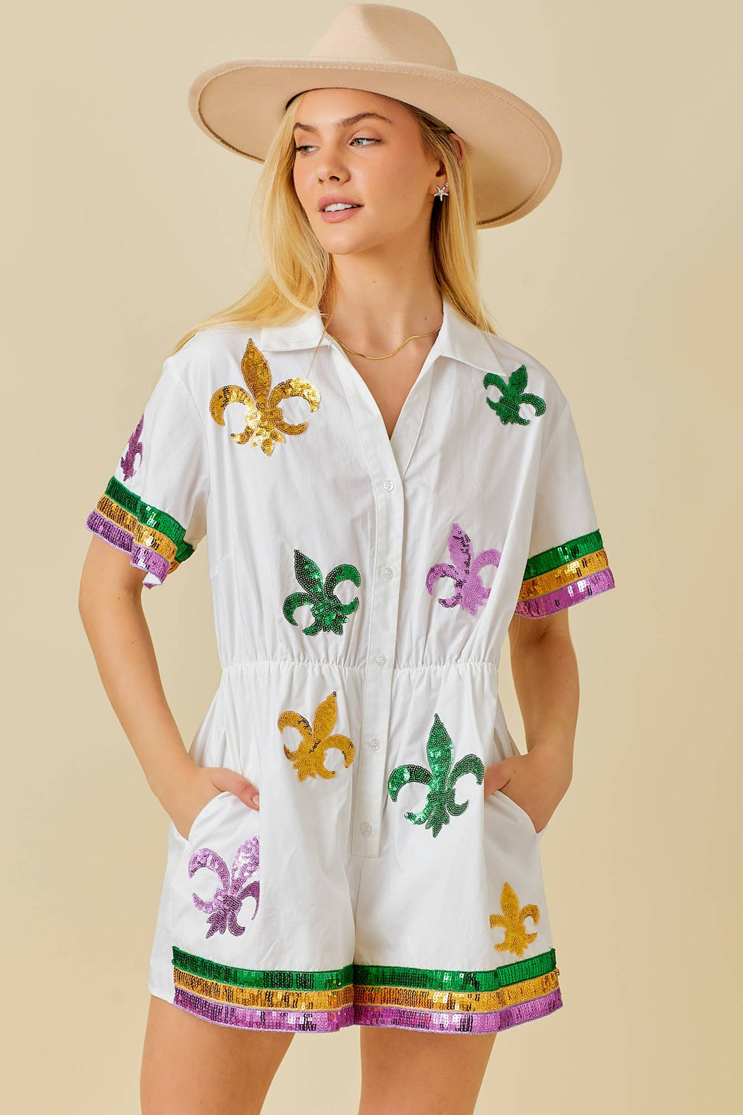 Main Strip - Mardi Gras Sequin Trim Solid Romper: WHITE / L
