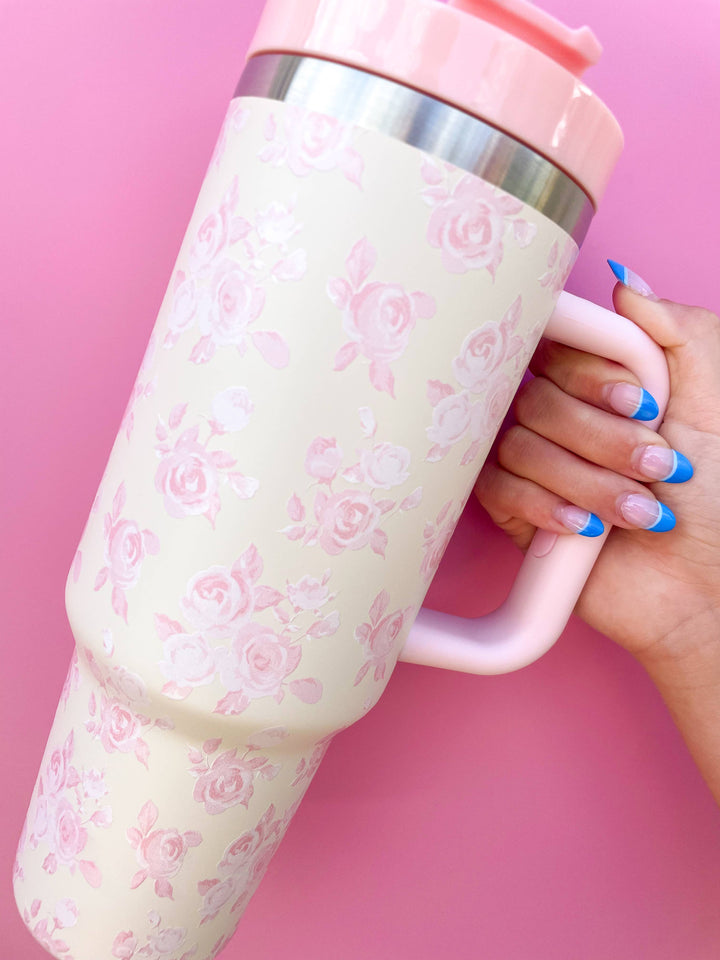 Rock Paper Scissors - Cream & Pink Floral 40oz Tumbler