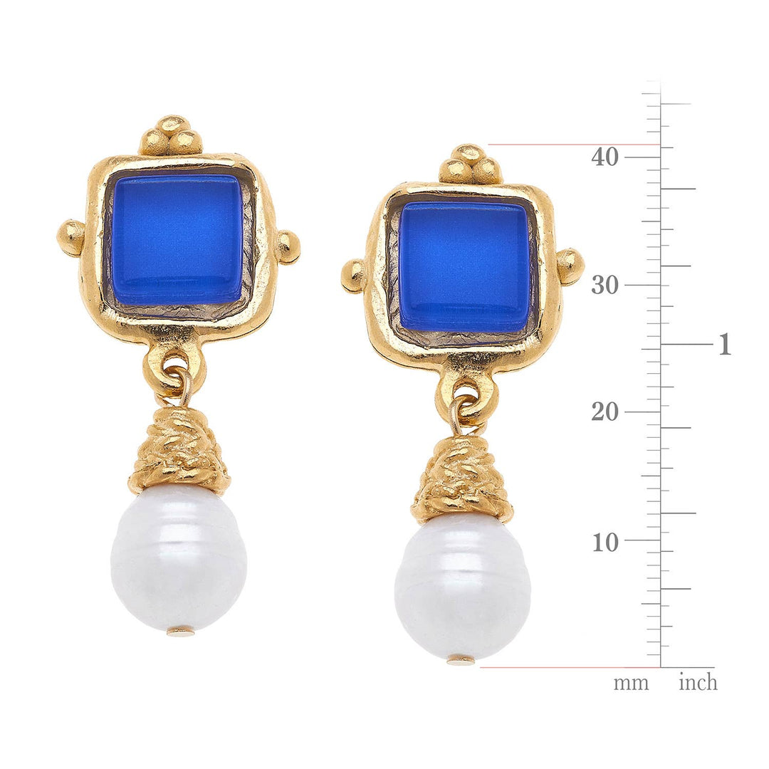 Susan Shaw - Charlotte Blue French Glass + Pearl Drop Earrings