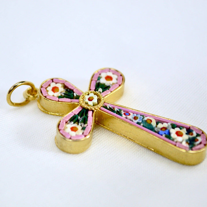 Via Graceffo - Florentine Glass Mosaic Floral Cross Pendant