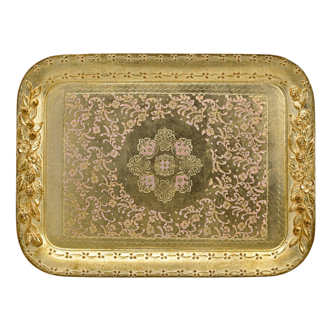 Florentine Wood Rectangle Berry and Botanical Tray, Made in Italy: Cappuccino / Large
