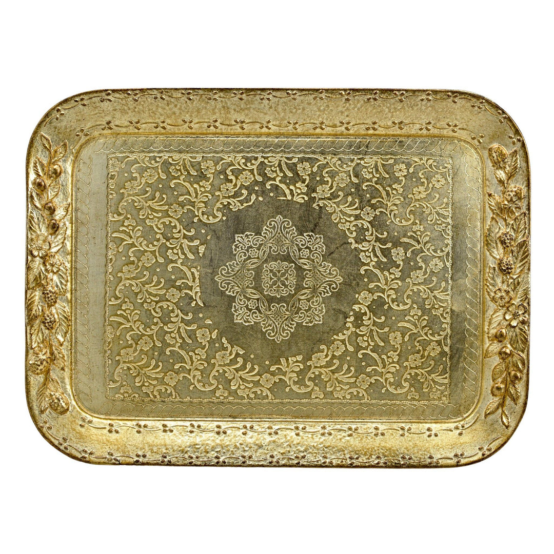 Florentine Wood Rectangle Berry and Botanical Tray, Made in Italy: Cappuccino / Large