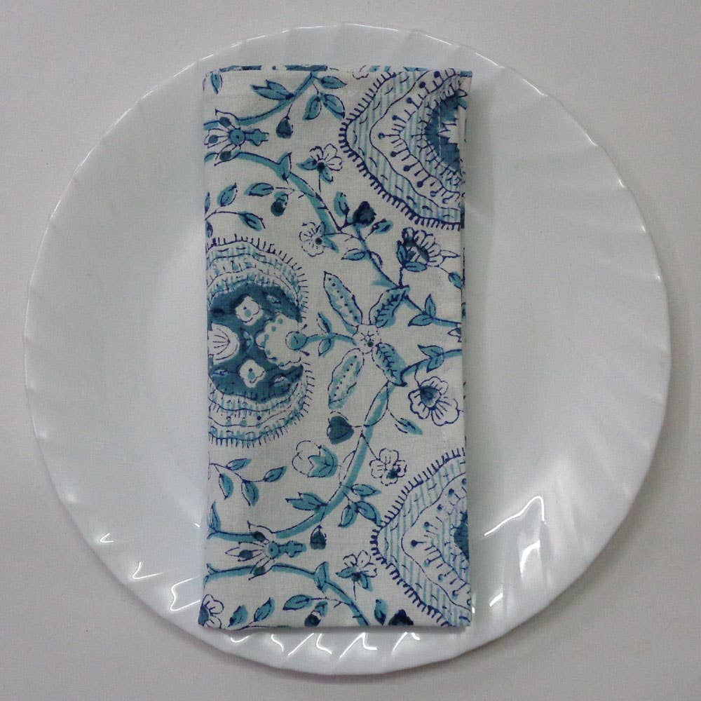 Ayras World - Pan Leaf Blue Block Printed Cotton Napkins (Set of 4)
