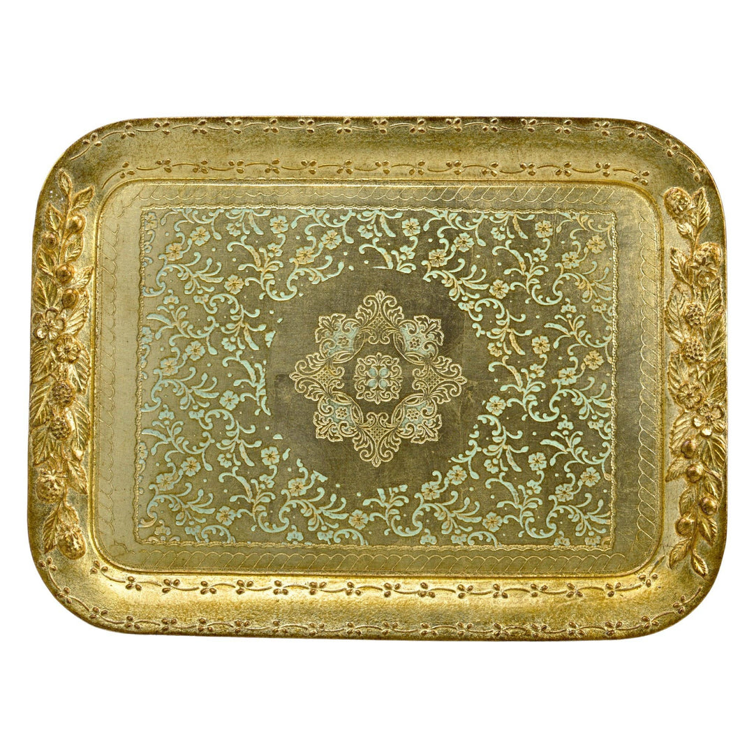 Florentine Wood Rectangle Berry and Botanical Tray, Made in Italy: Cappuccino / Large