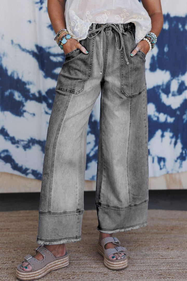 Drawstring Seam Detail Raw Hem Wide Leg Denim Pants: Beau Blue / 8