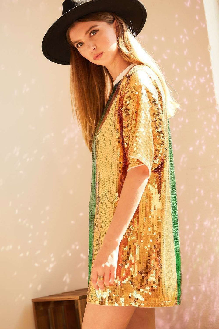 Main Strip - Mardi grass Color Block Sequin Tunic Top: PURPLE/GREEN/GOLD / M