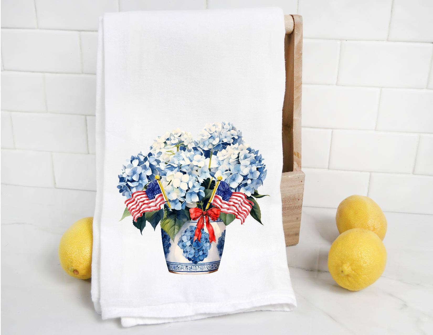 Chinoiserie Hydrangea and Flags in Jar Tea Towel