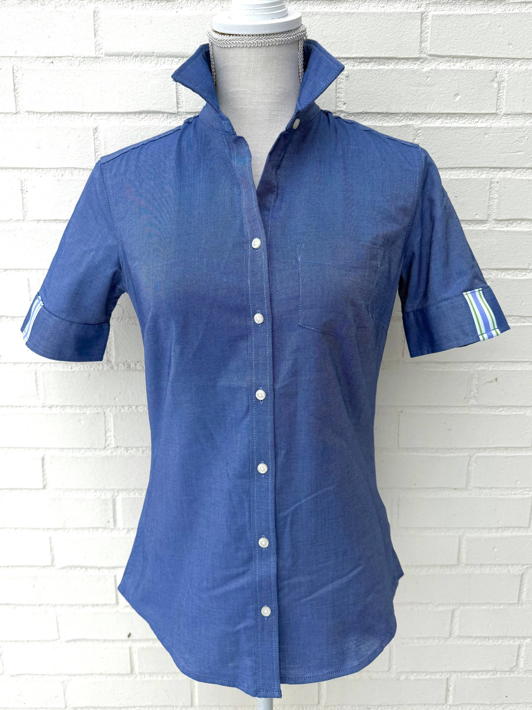 Pearly Vine - Jolene Short Sleeve Oxford - Navy w Green & Purple Stripe: Navy w Green & Purple Stripe Ribbon / S