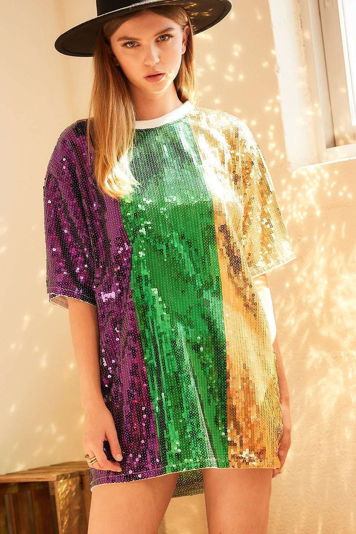 Main Strip - Mardi grass Color Block Sequin Tunic Top: PURPLE/GREEN/GOLD / M