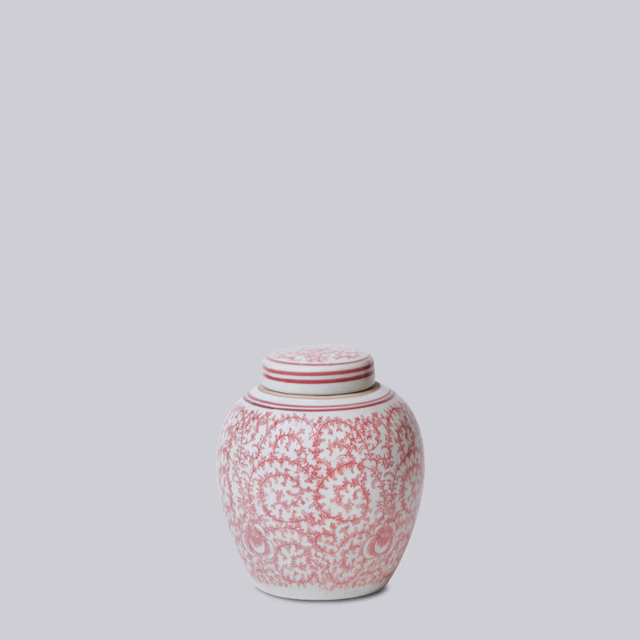 Cobalt Guild - Red and White Porcelain Scrolling Peony Round Jar