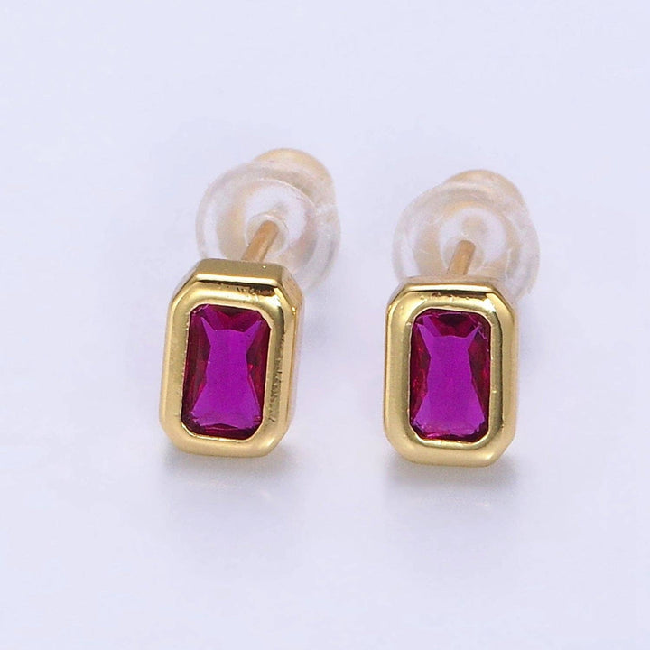 Aim Eternal - Gold Filled Colorful Multifaceted Baguette CZ Stud Earrings: Fuchsia