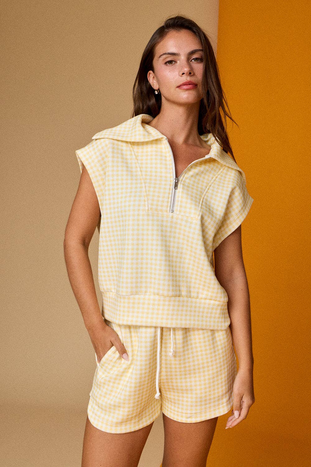 Papermoon - PX17846-3 - Gingham Zip Up Top Short Set: PINK / S-M-L (3-2-1)