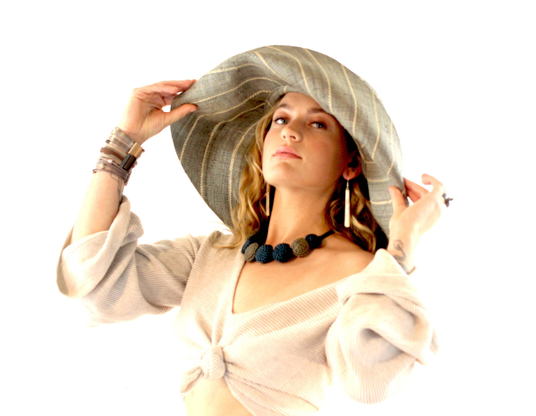 Shebobo - Sun Hats: Pinstripe Packable 5" & 7" Brim Raffia Straw: 5" Brim / Brights Multicolor Pinstripes