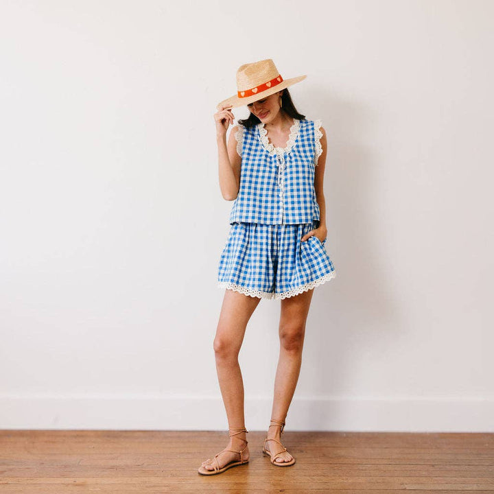 Sunshine Tienda - Blue Bay Gingham Birdie Top: XS