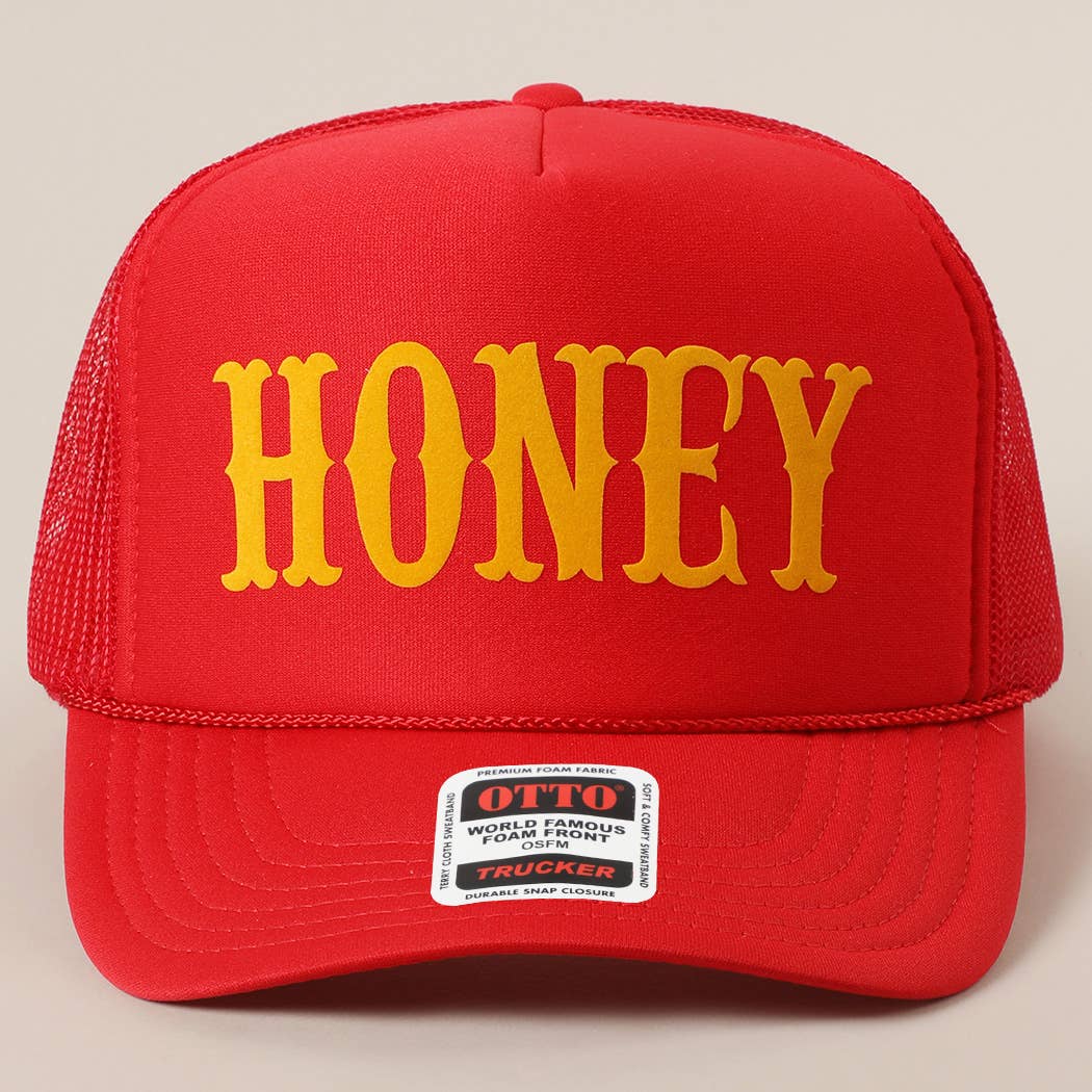 Fashion City - HONEY Text Logo Printed Mesh Back Trucker Hat: Pink / ONE SIZE