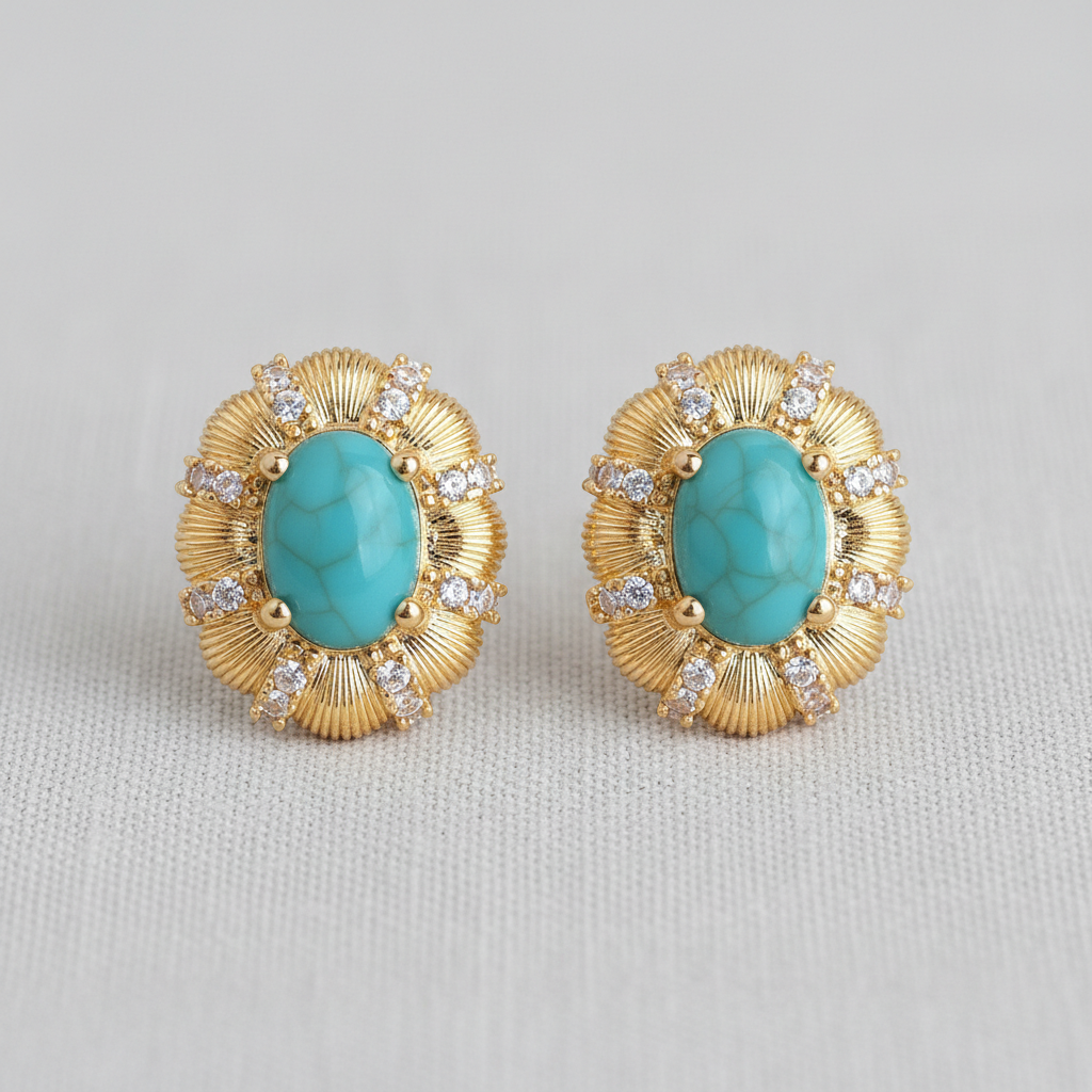 Ellemadera - Vintage Oval Turquoise Zircon Stud Earrings