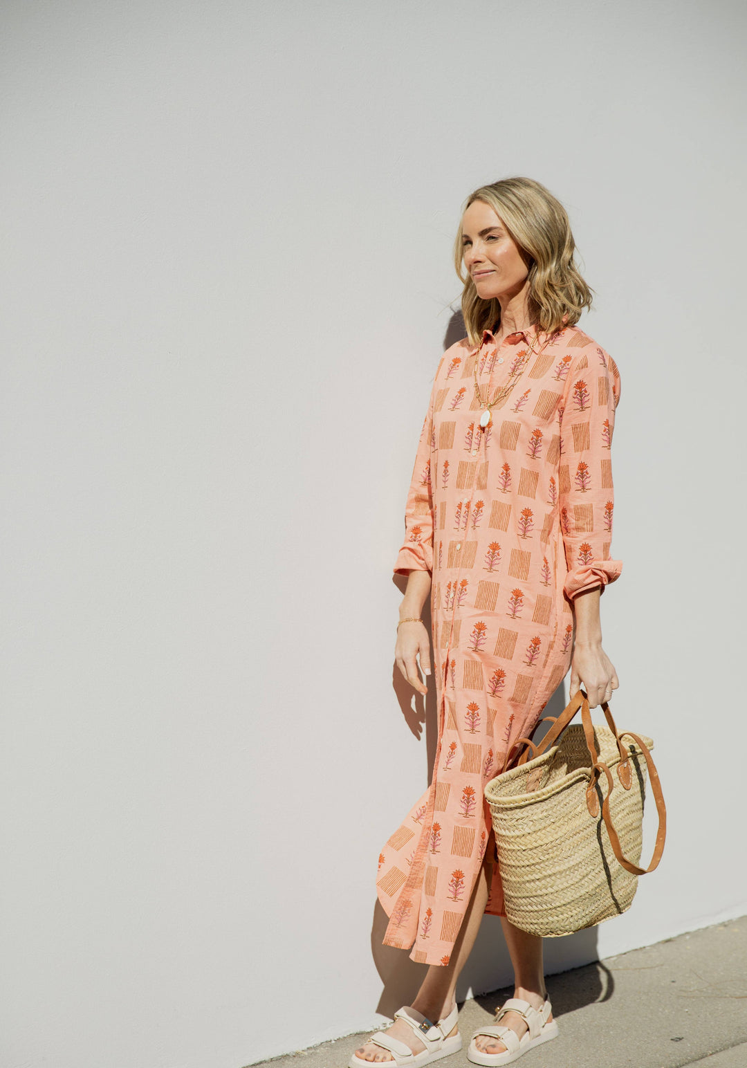 BECASA - Cotton Shirt Dress - Coral Bloom: XL